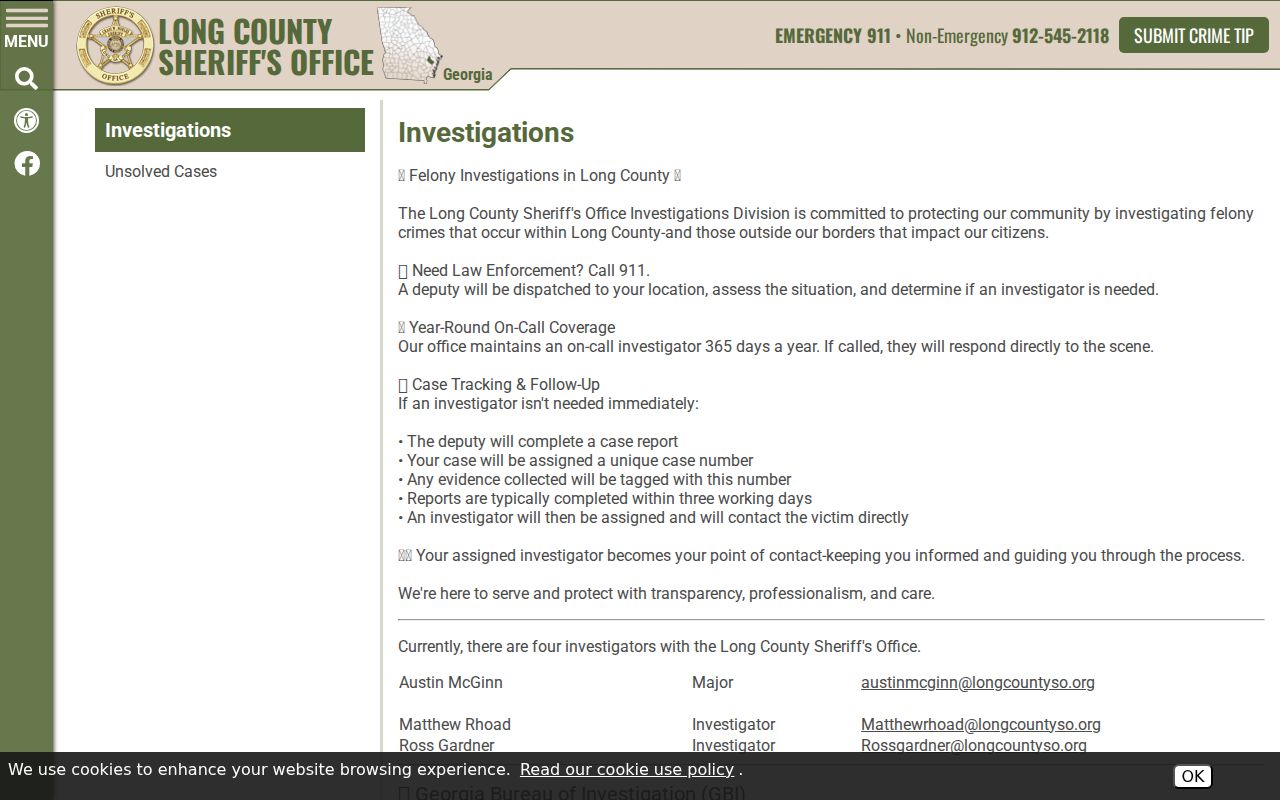 Long County arrest report creation and three-working-day guidance