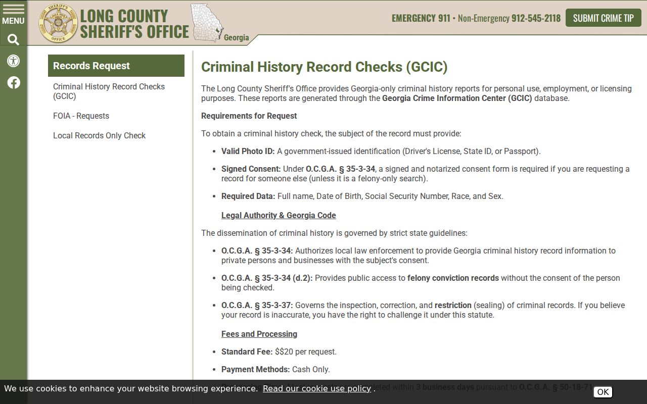 Long County criminal records GCIC request requirements